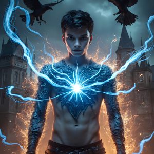 AI male art photos with a fantastical atmosphere. Imagine a Hogwarts School of Witchcraft student, from the Harry Potter series, a handsome, beautiful, and attractive, shirtless young teenage boy, standing firm against a threat. With a detailed Hogwarts castle background, casting a powerful spell, conjuring creatures based on their assigned house crest. From Demonic snakes, powerful lions, fierce badgers, or a murder of Crows. Dementors floating ominously in a cloudy sky, and sparks, shadows, and cinematic lighting, offering an otherworldly vibe.