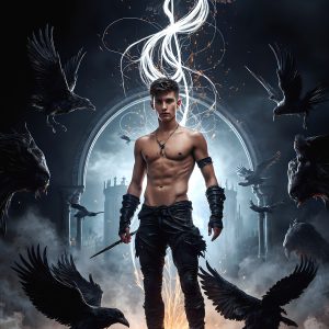 AI male art photos with a fantastical atmosphere. Imagine a Hogwarts School of Witchcraft student, from the Harry Potter series, a handsome, beautiful, and attractive, shirtless young teenage boy, standing firm against a threat. With a detailed Hogwarts castle background, casting a powerful spell, conjuring creatures based on their assigned house crest. From Demonic snakes, powerful lions, fierce badgers, or a murder of Crows. Dementors floating ominously in a cloudy sky, and sparks, shadows, and cinematic lighting, offering an otherworldly vibe.