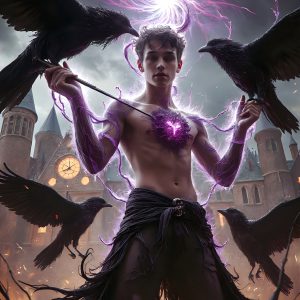 AI male art photos with a fantastical atmosphere. Imagine a Hogwarts School of Witchcraft student, from the Harry Potter series, a handsome, beautiful, and attractive, shirtless young teenage boy, standing firm against a threat. With a detailed Hogwarts castle background, casting a powerful spell, conjuring creatures based on their assigned house crest. From Demonic snakes, powerful lions, fierce badgers, or a murder of Crows. Dementors floating ominously in a cloudy sky, and sparks, shadows, and cinematic lighting, offering an otherworldly vibe.