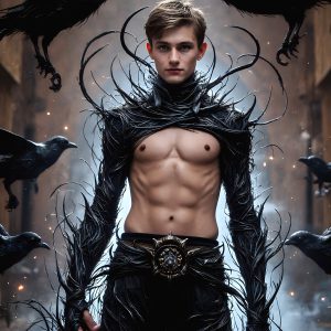 AI male art photos with a fantastical atmosphere. Imagine a Hogwarts School of Witchcraft student, from the Harry Potter series, a handsome, beautiful, and attractive, shirtless young teenage boy, standing firm against a threat. With a detailed Hogwarts castle background, casting a powerful spell, conjuring creatures based on their assigned house crest. From Demonic snakes, powerful lions, fierce badgers, or a murder of Crows. Dementors floating ominously in a cloudy sky, and sparks, shadows, and cinematic lighting, offering an otherworldly vibe.