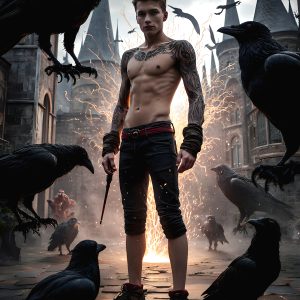 AI male art photos with a fantastical atmosphere. Imagine a Hogwarts School of Witchcraft student, from the Harry Potter series, a handsome, beautiful, and attractive, shirtless young teenage boy, standing firm against a threat. With a detailed Hogwarts castle background, casting a powerful spell, conjuring creatures based on their assigned house crest. From Demonic snakes, powerful lions, fierce badgers, or a murder of Crows. Dementors floating ominously in a cloudy sky, and sparks, shadows, and cinematic lighting, offering an otherworldly vibe.