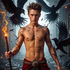 AI male art photos with a fantastical atmosphere. Imagine a Hogwarts School of Witchcraft student, from the Harry Potter series, a handsome, beautiful, and attractive, shirtless young teenage boy, standing firm against a threat. With a detailed Hogwarts castle background, casting a powerful spell, conjuring creatures based on their assigned house crest. From Demonic snakes, powerful lions, fierce badgers, or a murder of Crows. Dementors floating ominously in a cloudy sky, and sparks, shadows, and cinematic lighting, offering an otherworldly vibe.