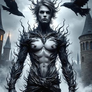 AI male art photos with a fantastical atmosphere. Imagine a Hogwarts School of Witchcraft student, from the Harry Potter series, a handsome, beautiful, and attractive, shirtless young teenage boy, standing firm against a threat. With a detailed Hogwarts castle background, casting a powerful spell, conjuring creatures based on their assigned house crest. From Demonic snakes, powerful lions, fierce badgers, or a murder of Crows. Dementors floating ominously in a cloudy sky, and sparks, shadows, and cinematic lighting, offering an otherworldly vibe.