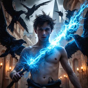 AI male art photos with a fantastical atmosphere. Imagine a Hogwarts School of Witchcraft student, from the Harry Potter series, a handsome, beautiful, and attractive, shirtless young teenage boy, standing firm against a threat. With a detailed Hogwarts castle background, casting a powerful spell, conjuring creatures based on their assigned house crest. From Demonic snakes, powerful lions, fierce badgers, or a murder of Crows. Dementors floating ominously in a cloudy sky, and sparks, shadows, and cinematic lighting, offering an otherworldly vibe.