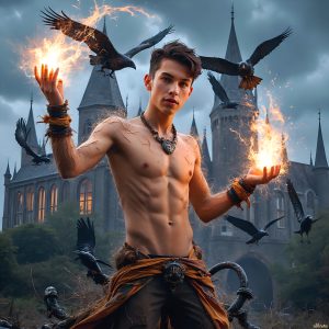 AI male art photos with a fantastical atmosphere. Imagine a Hogwarts School of Witchcraft student, from the Harry Potter series, a handsome, beautiful, and attractive, shirtless young teenage boy, standing firm against a threat. With a detailed Hogwarts castle background, casting a powerful spell, conjuring creatures based on their assigned house crest. From Demonic snakes, powerful lions, fierce badgers, or a murder of Crows. Dementors floating ominously in a cloudy sky, and sparks, shadows, and cinematic lighting, offering an otherworldly vibe.