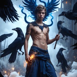 AI male art photos with a fantastical atmosphere. Imagine a Hogwarts School of Witchcraft student, from the Harry Potter series, a handsome, beautiful, and attractive, shirtless young teenage boy, standing firm against a threat. With a detailed Hogwarts castle background, casting a powerful spell, conjuring creatures based on their assigned house crest. From Demonic snakes, powerful lions, fierce badgers, or a murder of Crows. Dementors floating ominously in a cloudy sky, and sparks, shadows, and cinematic lighting, offering an otherworldly vibe.