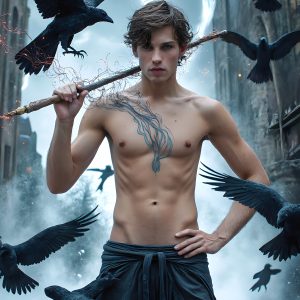 AI male art photos with a fantastical atmosphere. Imagine a Hogwarts School of Witchcraft student, from the Harry Potter series, a handsome, beautiful, and attractive, shirtless young teenage boy, standing firm against a threat. With a detailed Hogwarts castle background, casting a powerful spell, conjuring creatures based on their assigned house crest. From Demonic snakes, powerful lions, fierce badgers, or a murder of Crows. Dementors floating ominously in a cloudy sky, and sparks, shadows, and cinematic lighting, offering an otherworldly vibe.