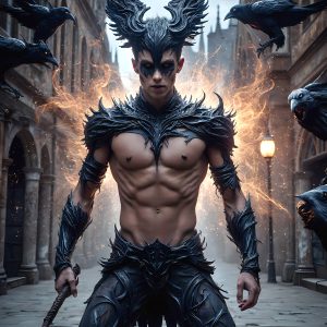 AI male art photos with a fantastical atmosphere. Imagine a Hogwarts School of Witchcraft student, from the Harry Potter series, a handsome, beautiful, and attractive, shirtless young teenage boy, standing firm against a threat. With a detailed Hogwarts castle background, casting a powerful spell, conjuring creatures based on their assigned house crest. From Demonic snakes, powerful lions, fierce badgers, or a murder of Crows. Dementors floating ominously in a cloudy sky, and sparks, shadows, and cinematic lighting, offering an otherworldly vibe.