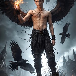 AI male art photos with a fantastical atmosphere. Imagine a Hogwarts School of Witchcraft student, from the Harry Potter series, a handsome, beautiful, and attractive, shirtless young teenage boy, standing firm against a threat. With a detailed Hogwarts castle background, casting a powerful spell, conjuring creatures based on their assigned house crest. From Demonic snakes, powerful lions, fierce badgers, or a murder of Crows. Dementors floating ominously in a cloudy sky, and sparks, shadows, and cinematic lighting, offering an otherworldly vibe.