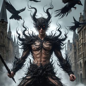 AI male art photos with a fantastical atmosphere. Imagine a Hogwarts School of Witchcraft student, from the Harry Potter series, a handsome, beautiful, and attractive, shirtless young teenage boy, standing firm against a threat. With a detailed Hogwarts castle background, casting a powerful spell, conjuring creatures based on their assigned house crest. From Demonic snakes, powerful lions, fierce badgers, or a murder of Crows. Dementors floating ominously in a cloudy sky, and sparks, shadows, and cinematic lighting, offering an otherworldly vibe.