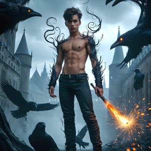 AI male art photos with a fantastical atmosphere. Imagine a Hogwarts School of Witchcraft student, from the Harry Potter series, a handsome, beautiful, and attractive, shirtless young teenage boy, standing firm against a threat. With a detailed Hogwarts castle background, casting a powerful spell, conjuring creatures based on their assigned house crest. From Demonic snakes, powerful lions, fierce badgers, or a murder of Crows. Dementors floating ominously in a cloudy sky, and sparks, shadows, and cinematic lighting, offering an otherworldly vibe.