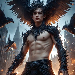 AI male art photos with a fantastical atmosphere. Imagine a Hogwarts School of Witchcraft student, from the Harry Potter series, a handsome, beautiful, and attractive, shirtless young teenage boy, standing firm against a threat. With a detailed Hogwarts castle background, casting a powerful spell, conjuring creatures based on their assigned house crest. From Demonic snakes, powerful lions, fierce badgers, or a murder of Crows. Dementors floating ominously in a cloudy sky, and sparks, shadows, and cinematic lighting, offering an otherworldly vibe.