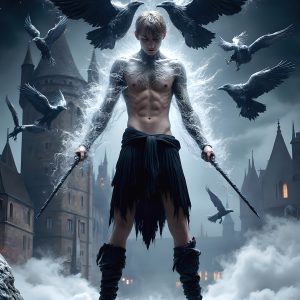 AI male art photos with a fantastical atmosphere. Imagine a Hogwarts School of Witchcraft student, from the Harry Potter series, a handsome, beautiful, and attractive, shirtless young teenage boy, standing firm against a threat. With a detailed Hogwarts castle background, casting a powerful spell, conjuring creatures based on their assigned house crest. From Demonic snakes, powerful lions, fierce badgers, or a murder of Crows. Dementors floating ominously in a cloudy sky, and sparks, shadows, and cinematic lighting, offering an otherworldly vibe.