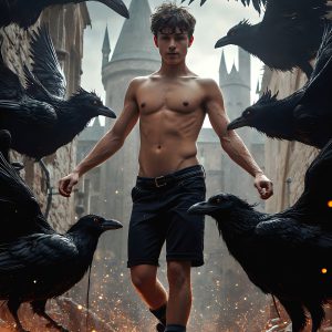 AI male art photos with a fantastical atmosphere. Imagine a Hogwarts School of Witchcraft student, from the Harry Potter series, a handsome, beautiful, and attractive, shirtless young teenage boy, standing firm against a threat. With a detailed Hogwarts castle background, casting a powerful spell, conjuring creatures based on their assigned house crest. From Demonic snakes, powerful lions, fierce badgers, or a murder of Crows. Dementors floating ominously in a cloudy sky, and sparks, shadows, and cinematic lighting, offering an otherworldly vibe.
