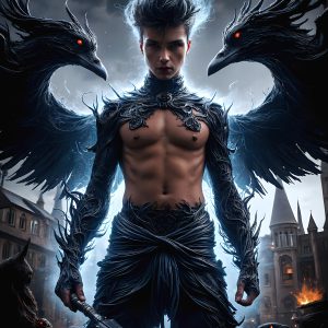 AI male art photos with a fantastical atmosphere. Imagine a Hogwarts School of Witchcraft student, from the Harry Potter series, a handsome, beautiful, and attractive, shirtless young teenage boy, standing firm against a threat. With a detailed Hogwarts castle background, casting a powerful spell, conjuring creatures based on their assigned house crest. From Demonic snakes, powerful lions, fierce badgers, or a murder of Crows. Dementors floating ominously in a cloudy sky, and sparks, shadows, and cinematic lighting, offering an otherworldly vibe.