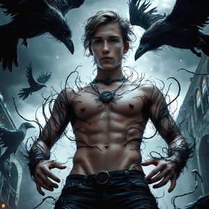 AI male art photos with a fantastical atmosphere. Imagine a Hogwarts School of Witchcraft student, from the Harry Potter series, a handsome, beautiful, and attractive, shirtless young teenage boy, standing firm against a threat. With a detailed Hogwarts castle background, casting a powerful spell, conjuring creatures based on their assigned house crest. From Demonic snakes, powerful lions, fierce badgers, or a murder of Crows. Dementors floating ominously in a cloudy sky, and sparks, shadows, and cinematic lighting, offering an otherworldly vibe.