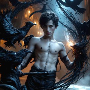 AI male art photos with a fantastical atmosphere. Imagine a Hogwarts School of Witchcraft student, from the Harry Potter series, a handsome, beautiful, and attractive, shirtless young teenage boy, standing firm against a threat. With a detailed Hogwarts castle background, casting a powerful spell, conjuring creatures based on their assigned house crest. From Demonic snakes, powerful lions, fierce badgers, or a murder of Crows. Dementors floating ominously in a cloudy sky, and sparks, shadows, and cinematic lighting, offering an otherworldly vibe.
