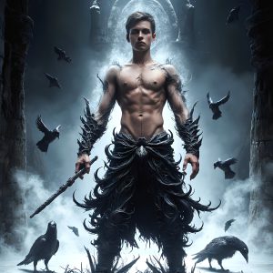 AI male art photos with a fantastical atmosphere. Imagine a Hogwarts School of Witchcraft student, from the Harry Potter series, a handsome, beautiful, and attractive, shirtless young teenage boy, standing firm against a threat. With a detailed Hogwarts castle background, casting a powerful spell, conjuring creatures based on their assigned house crest. From Demonic snakes, powerful lions, fierce badgers, or a murder of Crows. Dementors floating ominously in a cloudy sky, and sparks, shadows, and cinematic lighting, offering an otherworldly vibe.