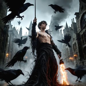 AI male art photos with a fantastical atmosphere. Imagine a Hogwarts School of Witchcraft student, from the Harry Potter series, a handsome, beautiful, and attractive, shirtless young teenage boy, standing firm against a threat. With a detailed Hogwarts castle background, casting a powerful spell, conjuring creatures based on their assigned house crest. From Demonic snakes, powerful lions, fierce badgers, or a murder of Crows. Dementors floating ominously in a cloudy sky, and sparks, shadows, and cinematic lighting, offering an otherworldly vibe.