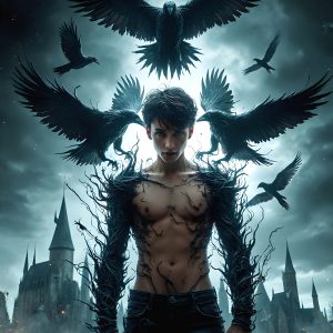 AI male art photos with a fantastical atmosphere. Imagine a Hogwarts School of Witchcraft student, from the Harry Potter series, a handsome, beautiful, and attractive, shirtless young teenage boy, standing firm against a threat. With a detailed Hogwarts castle background, casting a powerful spell, conjuring creatures based on their assigned house crest. From Demonic snakes, powerful lions, fierce badgers, or a murder of Crows. Dementors floating ominously in a cloudy sky, and sparks, shadows, and cinematic lighting, offering an otherworldly vibe.