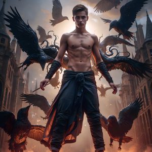 AI male art photos with a fantastical atmosphere. Imagine a Hogwarts School of Witchcraft student, from the Harry Potter series, a handsome, beautiful, and attractive, shirtless young teenage boy, standing firm against a threat. With a detailed Hogwarts castle background, casting a powerful spell, conjuring creatures based on their assigned house crest. From Demonic snakes, powerful lions, fierce badgers, or a murder of Crows. Dementors floating ominously in a cloudy sky, and sparks, shadows, and cinematic lighting, offering an otherworldly vibe.