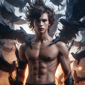 AI male art photos with a fantastical atmosphere. Imagine a Hogwarts School of Witchcraft student, from the Harry Potter series, a handsome, beautiful, and attractive, shirtless young teenage boy, standing firm against a threat. With a detailed Hogwarts castle background, casting a powerful spell, conjuring creatures based on their assigned house crest. From Demonic snakes, powerful lions, fierce badgers, or a murder of Crows. Dementors floating ominously in a cloudy sky, and sparks, shadows, and cinematic lighting, offering an otherworldly vibe.