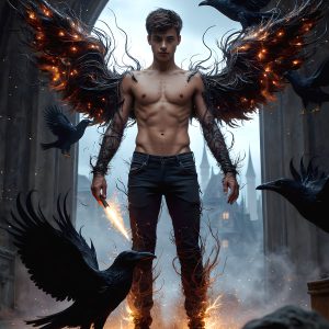 AI male art photos with a fantastical atmosphere. Imagine a Hogwarts School of Witchcraft student, from the Harry Potter series, a handsome, beautiful, and attractive, shirtless young teenage boy, standing firm against a threat. With a detailed Hogwarts castle background, casting a powerful spell, conjuring creatures based on their assigned house crest. From Demonic snakes, powerful lions, fierce badgers, or a murder of Crows. Dementors floating ominously in a cloudy sky, and sparks, shadows, and cinematic lighting, offering an otherworldly vibe.