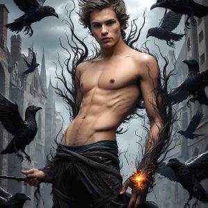 AI male art photos with a fantastical atmosphere. Imagine a Hogwarts School of Witchcraft student, from the Harry Potter series, a handsome, beautiful, and attractive, shirtless young teenage boy, standing firm against a threat. With a detailed Hogwarts castle background, casting a powerful spell, conjuring creatures based on their assigned house crest. From Demonic snakes, powerful lions, fierce badgers, or a murder of Crows. Dementors floating ominously in a cloudy sky, and sparks, shadows, and cinematic lighting, offering an otherworldly vibe.