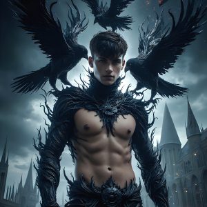 AI male art photos with a fantastical atmosphere. Imagine a Hogwarts School of Witchcraft student, from the Harry Potter series, a handsome, beautiful, and attractive, shirtless young teenage boy, standing firm against a threat. With a detailed Hogwarts castle background, casting a powerful spell, conjuring creatures based on their assigned house crest. From Demonic snakes, powerful lions, fierce badgers, or a murder of Crows. Dementors floating ominously in a cloudy sky, and sparks, shadows, and cinematic lighting, offering an otherworldly vibe.