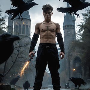 AI male art photos with a fantastical atmosphere. Imagine a Hogwarts School of Witchcraft student, from the Harry Potter series, a handsome, beautiful, and attractive, shirtless young teenage boy, standing firm against a threat. With a detailed Hogwarts castle background, casting a powerful spell, conjuring creatures based on their assigned house crest. From Demonic snakes, powerful lions, fierce badgers, or a murder of Crows. Dementors floating ominously in a cloudy sky, and sparks, shadows, and cinematic lighting, offering an otherworldly vibe.