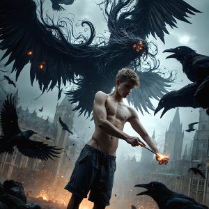 AI male art photos with a fantastical atmosphere. Imagine a Hogwarts School of Witchcraft student, from the Harry Potter series, a handsome, beautiful, and attractive, shirtless young teenage boy, standing firm against a threat. With a detailed Hogwarts castle background, casting a powerful spell, conjuring creatures based on their assigned house crest. From Demonic snakes, powerful lions, fierce badgers, or a murder of Crows. Dementors floating ominously in a cloudy sky, and sparks, shadows, and cinematic lighting, offering an otherworldly vibe.