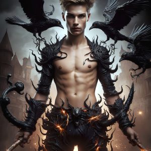 AI male art photos with a fantastical atmosphere. Imagine a Hogwarts School of Witchcraft student, from the Harry Potter series, a handsome, beautiful, and attractive, shirtless young teenage boy, standing firm against a threat. With a detailed Hogwarts castle background, casting a powerful spell, conjuring creatures based on their assigned house crest. From Demonic snakes, powerful lions, fierce badgers, or a murder of Crows. Dementors floating ominously in a cloudy sky, and sparks, shadows, and cinematic lighting, offering an otherworldly vibe.