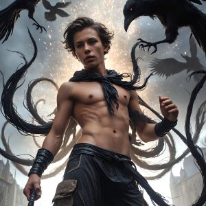 AI male art photos with a fantastical atmosphere. Imagine a Hogwarts School of Witchcraft student, from the Harry Potter series, a handsome, beautiful, and attractive, shirtless young teenage boy, standing firm against a threat. With a detailed Hogwarts castle background, casting a powerful spell, conjuring creatures based on their assigned house crest. From Demonic snakes, powerful lions, fierce badgers, or a murder of Crows. Dementors floating ominously in a cloudy sky, and sparks, shadows, and cinematic lighting, offering an otherworldly vibe.