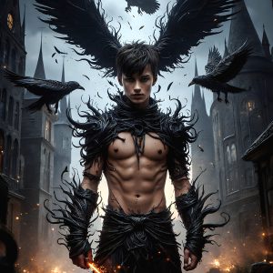 AI male art photos with a fantastical atmosphere. Imagine a Hogwarts School of Witchcraft student, from the Harry Potter series, a handsome, beautiful, and attractive, shirtless young teenage boy, standing firm against a threat. With a detailed Hogwarts castle background, casting a powerful spell, conjuring creatures based on their assigned house crest. From Demonic snakes, powerful lions, fierce badgers, or a murder of Crows. Dementors floating ominously in a cloudy sky, and sparks, shadows, and cinematic lighting, offering an otherworldly vibe.