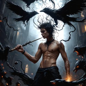 AI male art photos with a fantastical atmosphere. Imagine a Hogwarts School of Witchcraft student, from the Harry Potter series, a handsome, beautiful, and attractive, shirtless young teenage boy, standing firm against a threat. With a detailed Hogwarts castle background, casting a powerful spell, conjuring creatures based on their assigned house crest. From Demonic snakes, powerful lions, fierce badgers, or a murder of Crows. Dementors floating ominously in a cloudy sky, and sparks, shadows, and cinematic lighting, offering an otherworldly vibe.