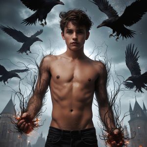 AI male art photos with a fantastical atmosphere. Imagine a Hogwarts School of Witchcraft student, from the Harry Potter series, a handsome, beautiful, and attractive, shirtless young teenage boy, standing firm against a threat. With a detailed Hogwarts castle background, casting a powerful spell, conjuring creatures based on their assigned house crest. From Demonic snakes, powerful lions, fierce badgers, or a murder of Crows. Dementors floating ominously in a cloudy sky, and sparks, shadows, and cinematic lighting, offering an otherworldly vibe.
