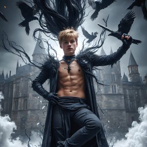 AI male art photos with a fantastical atmosphere. Imagine a Hogwarts School of Witchcraft student, from the Harry Potter series, a handsome, beautiful, and attractive, shirtless young teenage boy, standing firm against a threat. With a detailed Hogwarts castle background, casting a powerful spell, conjuring creatures based on their assigned house crest. From Demonic snakes, powerful lions, fierce badgers, or a murder of Crows. Dementors floating ominously in a cloudy sky, and sparks, shadows, and cinematic lighting, offering an otherworldly vibe.
