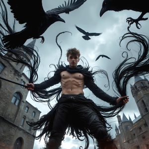 AI male art photos with a fantastical atmosphere. Imagine a Hogwarts School of Witchcraft student, from the Harry Potter series, a handsome, beautiful, and attractive, shirtless young teenage boy, standing firm against a threat. With a detailed Hogwarts castle background, casting a powerful spell, conjuring creatures based on their assigned house crest. From Demonic snakes, powerful lions, fierce badgers, or a murder of Crows. Dementors floating ominously in a cloudy sky, and sparks, shadows, and cinematic lighting, offering an otherworldly vibe.