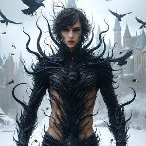 AI male art photos with a fantastical atmosphere. Imagine a Hogwarts School of Witchcraft student, from the Harry Potter series, a handsome, beautiful, and attractive, shirtless young teenage boy, standing firm against a threat. With a detailed Hogwarts castle background, casting a powerful spell, conjuring creatures based on their assigned house crest. From Demonic snakes, powerful lions, fierce badgers, or a murder of Crows. Dementors floating ominously in a cloudy sky, and sparks, shadows, and cinematic lighting, offering an otherworldly vibe.