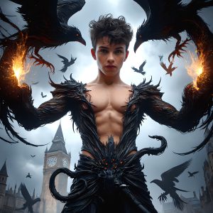 AI male art photos with a fantastical atmosphere. Imagine a Hogwarts School of Witchcraft student, from the Harry Potter series, a handsome, beautiful, and attractive, shirtless young teenage boy, standing firm against a threat. With a detailed Hogwarts castle background, casting a powerful spell, conjuring creatures based on their assigned house crest. From Demonic snakes, powerful lions, fierce badgers, or a murder of Crows. Dementors floating ominously in a cloudy sky, and sparks, shadows, and cinematic lighting, offering an otherworldly vibe.