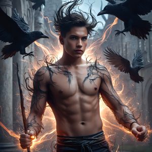 AI male art photos with a fantastical atmosphere. Imagine a Hogwarts School of Witchcraft student, from the Harry Potter series, a handsome, beautiful, and attractive, shirtless young teenage boy, standing firm against a threat. With a detailed Hogwarts castle background, casting a powerful spell, conjuring creatures based on their assigned house crest. From Demonic snakes, powerful lions, fierce badgers, or a murder of Crows. Dementors floating ominously in a cloudy sky, and sparks, shadows, and cinematic lighting, offering an otherworldly vibe.