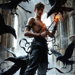 AI male art photos with a fantastical atmosphere. Imagine a Hogwarts School of Witchcraft student, from the Harry Potter series, a handsome, beautiful, and attractive, shirtless young teenage boy, standing firm against a threat. With a detailed Hogwarts castle background, casting a powerful spell, conjuring creatures based on their assigned house crest. From Demonic snakes, powerful lions, fierce badgers, or a murder of Crows. Dementors floating ominously in a cloudy sky, and sparks, shadows, and cinematic lighting, offering an otherworldly vibe.