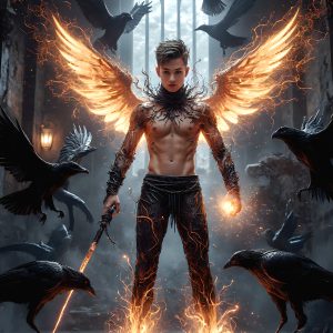 AI male art photos with a fantastical atmosphere. Imagine a Hogwarts School of Witchcraft student, from the Harry Potter series, a handsome, beautiful, and attractive, shirtless young teenage boy, standing firm against a threat. With a detailed Hogwarts castle background, casting a powerful spell, conjuring creatures based on their assigned house crest. From Demonic snakes, powerful lions, fierce badgers, or a murder of Crows. Dementors floating ominously in a cloudy sky, and sparks, shadows, and cinematic lighting, offering an otherworldly vibe.