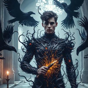 AI male art photos with a fantastical atmosphere. Imagine a Hogwarts School of Witchcraft student, from the Harry Potter series, a handsome, beautiful, and attractive, shirtless young teenage boy, standing firm against a threat. With a detailed Hogwarts castle background, casting a powerful spell, conjuring creatures based on their assigned house crest. From Demonic snakes, powerful lions, fierce badgers, or a murder of Crows. Dementors floating ominously in a cloudy sky, and sparks, shadows, and cinematic lighting, offering an otherworldly vibe.