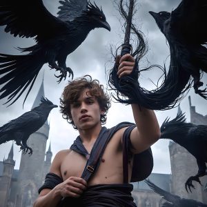 AI male art photos with a fantastical atmosphere. Imagine a Hogwarts School of Witchcraft student, from the Harry Potter series, a handsome, beautiful, and attractive, shirtless young teenage boy, standing firm against a threat. With a detailed Hogwarts castle background, casting a powerful spell, conjuring creatures based on their assigned house crest. From Demonic snakes, powerful lions, fierce badgers, or a murder of Crows. Dementors floating ominously in a cloudy sky, and sparks, shadows, and cinematic lighting, offering an otherworldly vibe.