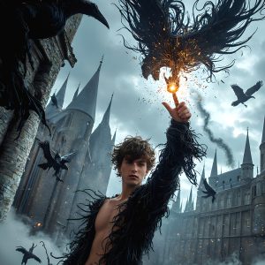 AI male art photos with a fantastical atmosphere. Imagine a Hogwarts School of Witchcraft student, from the Harry Potter series, a handsome, beautiful, and attractive, shirtless young teenage boy, standing firm against a threat. With a detailed Hogwarts castle background, casting a powerful spell, conjuring creatures based on their assigned house crest. From Demonic snakes, powerful lions, fierce badgers, or a murder of Crows. Dementors floating ominously in a cloudy sky, and sparks, shadows, and cinematic lighting, offering an otherworldly vibe.