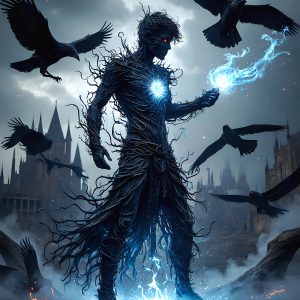 AI male art photos with a fantastical atmosphere. Imagine a Hogwarts School of Witchcraft student, from the Harry Potter series, a handsome, beautiful, and attractive, shirtless young teenage boy, standing firm against a threat. With a detailed Hogwarts castle background, casting a powerful spell, conjuring creatures based on their assigned house crest. From Demonic snakes, powerful lions, fierce badgers, or a murder of Crows. Dementors floating ominously in a cloudy sky, and sparks, shadows, and cinematic lighting, offering an otherworldly vibe.