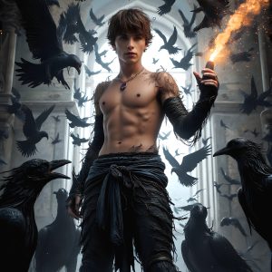 AI male art photos with a fantastical atmosphere. Imagine a Hogwarts School of Witchcraft student, from the Harry Potter series, a handsome, beautiful, and attractive, shirtless young teenage boy, standing firm against a threat. With a detailed Hogwarts castle background, casting a powerful spell, conjuring creatures based on their assigned house crest. From Demonic snakes, powerful lions, fierce badgers, or a murder of Crows. Dementors floating ominously in a cloudy sky, and sparks, shadows, and cinematic lighting, offering an otherworldly vibe.