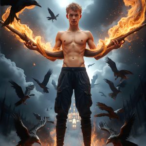 AI male art photos with a fantastical atmosphere. Imagine a Hogwarts School of Witchcraft student, from the Harry Potter series, a handsome, beautiful, and attractive, shirtless young teenage boy, standing firm against a threat. With a detailed Hogwarts castle background, casting a powerful spell, conjuring creatures based on their assigned house crest. From Demonic snakes, powerful lions, fierce badgers, or a murder of Crows. Dementors floating ominously in a cloudy sky, and sparks, shadows, and cinematic lighting, offering an otherworldly vibe.