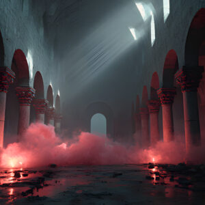 Forgotten gothic ruins at twilight with red mist and crepuscular rays breaking through decaying stone pillars, AI-generated fantasy wallpaper by Art by Innovation